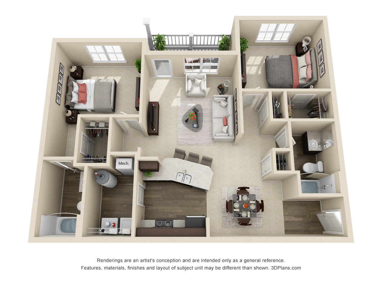 Floor plan for 2 beds, 2 baths, 1108 sqft